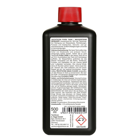 Yachticon Pura Tank 500 ml - środek do czyszczenia zbiorników wody pitnej bez chloru, z aktywnym tlenem, na 160 l, do kampera i jachtu