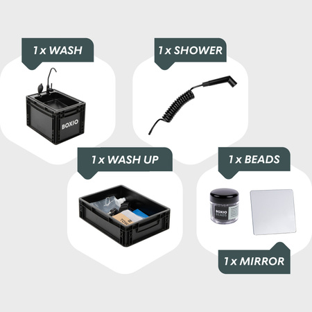 BOXIO WASH MAX+ - mobilna umywalka z filtrem wody, prysznicem i Euroboxą SOLO UP