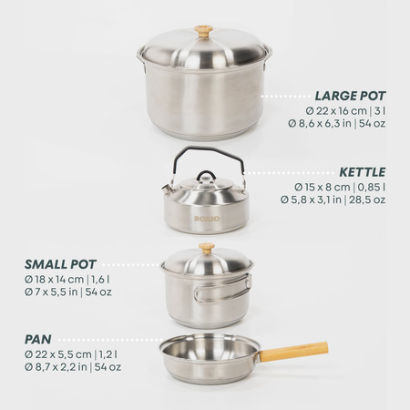 BOXIO COOKWARE - zestaw garnków kempingowych ze stali nierdzewnej, 2 garnki, patelnia, czajnik